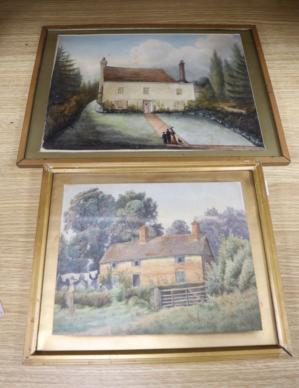 J. Farris (19th C.), watercolour, Diata Vicarage, Bucks, inscribed verso, 22 x 30.5cm and a small watercolour of cottages